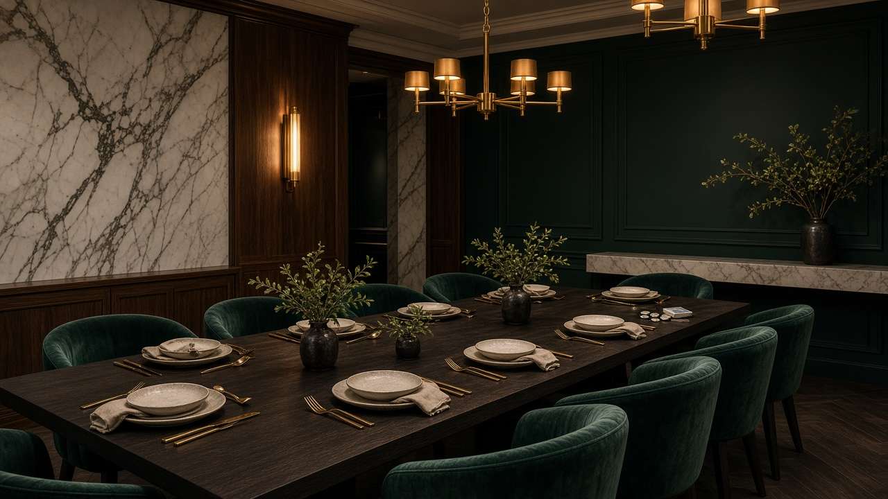 Salon privé de Guyon Bistro, table dressée et chaises de velours vert